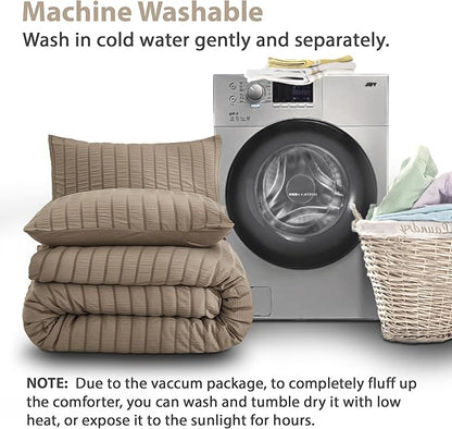 AveLom Taupe Seersucker King Comforter Set (104x90 inches), 3 Pieces-100% Soft Washed Microfiber Lightweight Comforter with 2 Pillowcases, All Season Down Alternative Comforter Set for Bedding