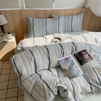 EAVD Modern Style Striped Duvet Cover Queen 100% Washed Cotton Colorful Wide and Pinstriped Bedding Duvet Cover Set with 2 Pillowcases Farmhouse Geometric Bedding Set with Zipper for All-Season