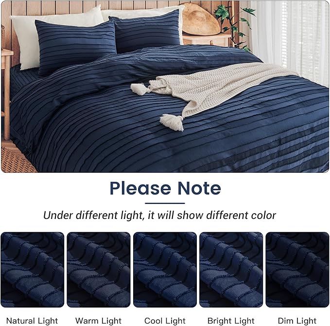 NEXHOME PRO Twin Duvet Cover,Navy 2 Pieces Boho Tufted Duvet Cover Set, Soft and Lightweight 100% Washed Microfiber Comforter Cover Set for All Season(Navy Twin, 66 x 90)-No Comforter