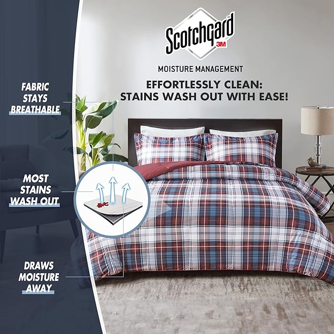Madison Park Essentials Parkston Plaid Comforter, Matching Sham, 3M Scotchguard Stain Release Cover, Hypoallergenic All Season Bedding-Set, King/California King, Red, 3 Piece