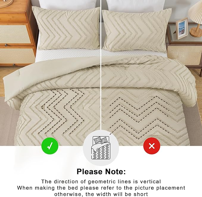 Andency Light Khaki Comforter Set Queen Size, Boho Soft Warm Tufted Bedding Comforter Sets for Queen Size Bed, 3 Pieces Aesthetic Chevron Farmhouse Cute Bohemian Textured Bed Set
