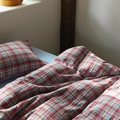 EAVD Vintage Style Red&Blue Gingham Duvet Cover King Soft 100% Cotton Muslin Yarn-Dyed Textured Retro Grid Plaid Bedding Set Reversible British-Style Gingham Bedding Set with Zipper Closure
