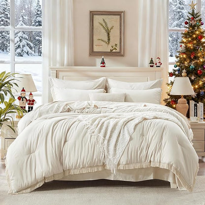 Andency Queen Comforter Set Beige -7 Pieces Bed in a Bag Queen Boho Soft Lightweight Bedding Sets, All Season Fluffy Fringe Bed Set with Comforter, Sheets, Pillowcases & Shams