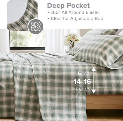 Comfort Spaces 100% Cotton Sheets King, Breathable, Naturally Cool Cotton Sheets, Soft Cotton Bed Sheets with 14" Elastic Pocket Fits up to 16" Mattress, All Seasons Sheet Set, Wesley Green 4 Piece