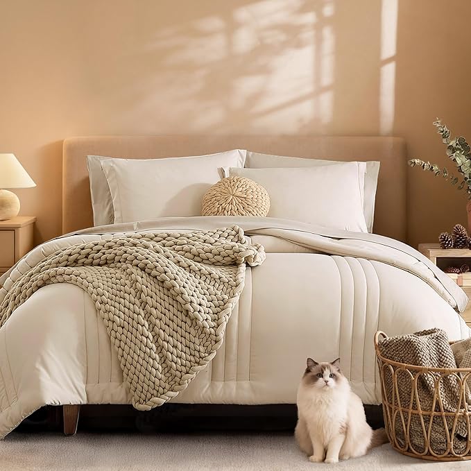 Monbix Oversized King Size Comforter Set - 7 Pieces Apricot Beige Bed in a Bag Oversized King Bedding Sets with Comforters, All Seasons Comforter Bed Set with Sheets, Pillowcases & Shams