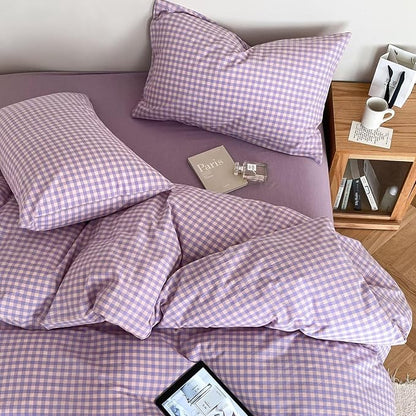 mixinni Purple Gingham Comforter Set Queen, Plaid Comforter Set 3 Pieces 1 Purple Grid Comfoter with 2 Pillow Cases for All Seasons, Soft Fluffy Modern Grid Pattern Printed Bedding-Queen Size