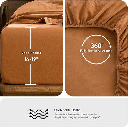 MooMee Bedding Sheet Set 100% Washed Cotton Linen Like Textured Breathable Durable Soft Comfy (Solid Burnt Orange, Full)