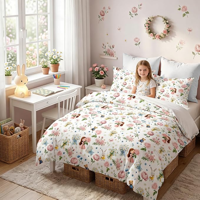 Girls Twin Size Bed in A Bag for Kids, 5Pcs Pink Rose Comforter Set Priness Rabbit Bear Bedding, 1 Quilted Comforter(68"x86")&2 Pillowcase&1 Flat Sheet &1 Fitted Sheet