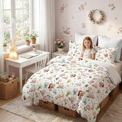 Kids Priness Comforter Set Twin Size for Girls, 2Pcs Pink Botanical Rose Bedding for Kids Kawaii Bedroom Decor, Cute Girly Rabbit Bear Comforter Set with 1 Pillowcase, 68"x86"