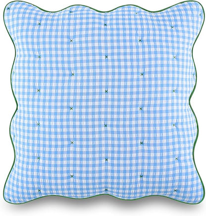 kate spade new york Joyful Gingham Euro Sham, 26" x 26" Spring Pillow Cover, Single Seersucker Cover, Machine Washable, Windy Blue