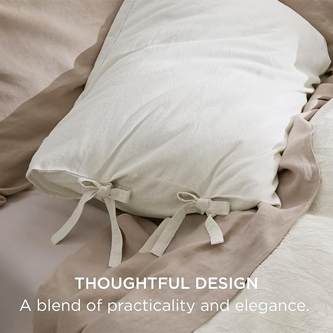 Bedsure Striped Duvet Cover Queen Size – Moisture-Wicking Eucalyptus Lyocell, Cotton & Linen Hybrid Comforter Cover Set with Bowknot Ties Closure – GentleSoft™ & Breathable Bedding Set–White