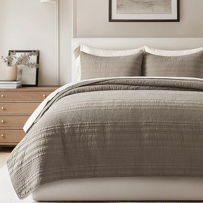 EVERGRACEHOME 100% Cotton Modern Lines Quilt Set Queen Size, Pre-Washed Soft Striped Coverlet Bedspread, 3 Piece Lightweight Bedding Set for All Season, with 2 Pillow Shams, Stone Taupe
