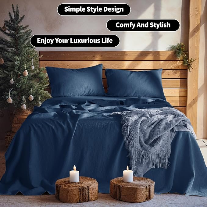 LBRO2M 100% Pure Linen Sheet Set Deep Pocket Up to 16" Bed Sheets Sets, Natural Flax Beddings Soft, Breathable, Comfortable for All Seasons 4 Pcs Sheet Set California King Size, Navy Blue