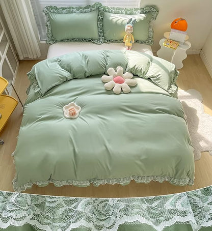 MOOWOO Chic Ruffle Lace Polyester Duvet Cover Set -Girl Green Bedding-3 Piece Full Duvet Cover with Zipper Closure -Ultra Soft and Light Weight