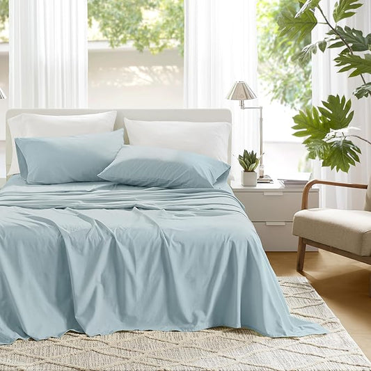Comfort Spaces 100% Cotton Sheets Twin XL, Breathable, Soft Cotton Sheets, Naturally Cool Cotton Bed Sheets,12" Elastic Pocket Fits up to 14" Mattress, All Season Sheet Set, Twin XL Light Blue 3 Piece