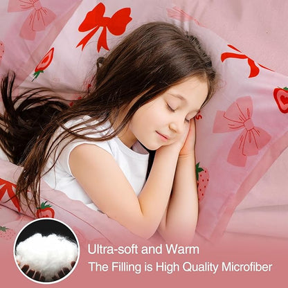 A Nice Night Red Bow Comforter Set,6 Piece Bed in a Bag Matching Sheet Set,Cute Ribbon Bowknot Bedding Sets,Princess Style Strawberry Printed,Light Pink Room Decor for Girls,Queen
