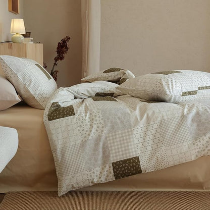 Patchwork King Size Comforter Sets Brown Gingham Floral Bedding Set Cotton Down Alternative Plaid Teen Girl Bedding Comforter Sets Boho Fluffy Cute Light Weight Bed Comforter with 2 Pillowcases