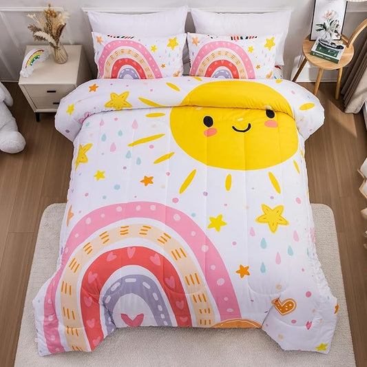 Btargot Lightweight Soft 3 Piece Rainbow Comforter Set with 2 Pillow Covers, Cartoon Love Hearts Flowers and Sun Star Bedding Set for Girls Boys Kids, Queen Pink