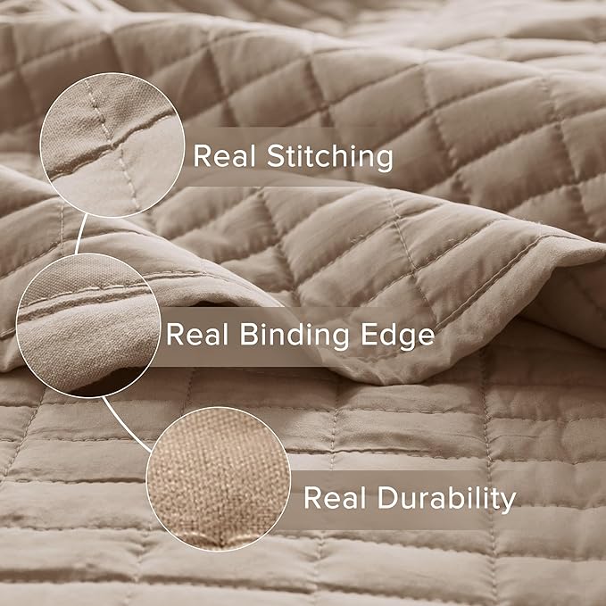 Comfort Spaces Kienna Quilt Set- Double Sided Stitching Design Summer Blanket, Lightweight, Soft, All Season Bedding Layer, Matching Sham, Taupe, Coverlet Twin/Twin XL(66"x90") 2 Piece
