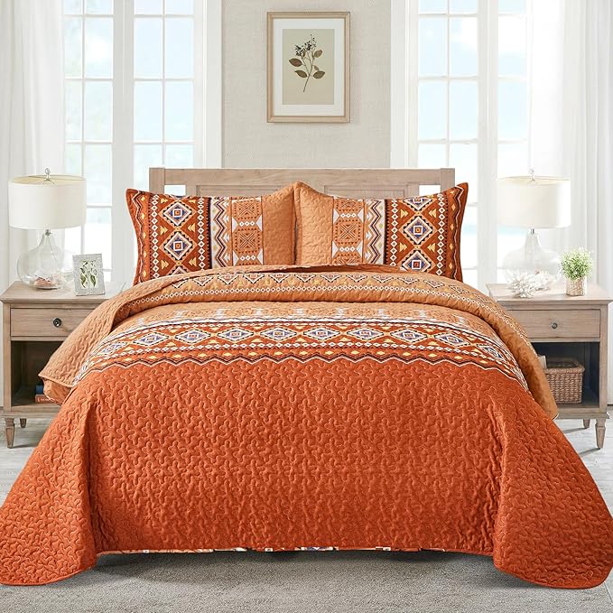 WONGS BEDDING 3 Pieces Quilt Set Queen Size, Burnt Orange/Rust Thanksgiving Quilt Bedspread Bohemian Coverlet Set with 2 Pillowcase, Fall Soft Thanksgiving Bedding Set for All Season 96"×90"