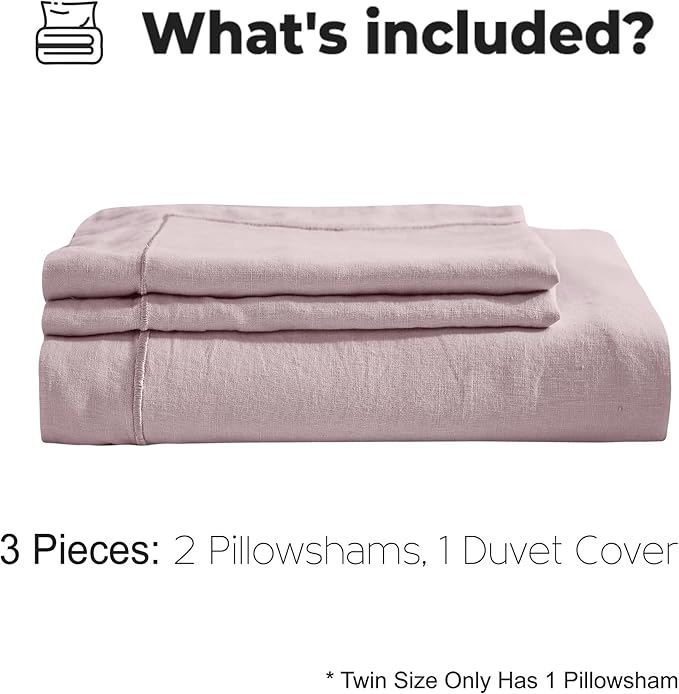 Simple&Opulence 100% Washed Linen Duvet Cover with Embroidered, 3 Pieces Soft Farmhouse Comforter Set with Button Closure,1 Duvet Cover and 2 Pillowshams (Queen,Dusty Pink)