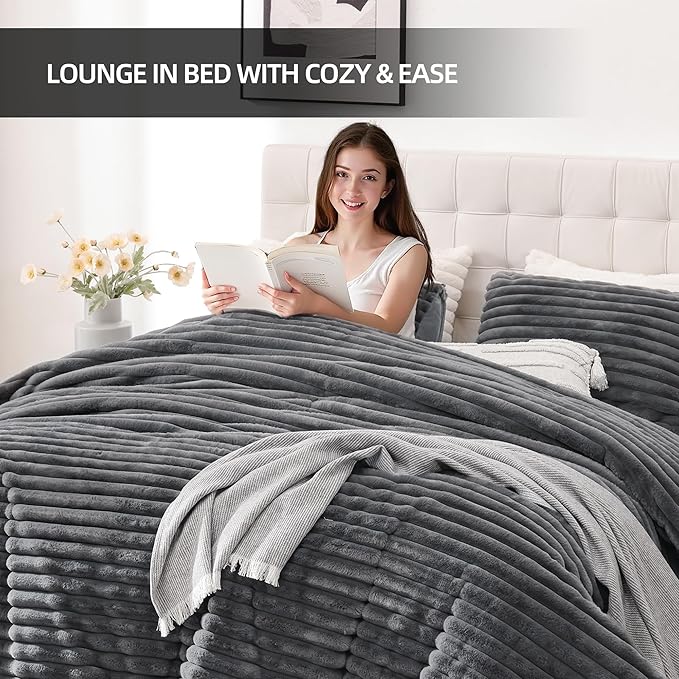 Smoofy Fluffy King Size Comforter Set 3 Pieces - Dark Grey Fleece Fluffy Comforter Set, Luxury Fuzzy King Bedding Set, Soft King Bed Set All Season, Heavy Faux Fur Comforter with 2 Pillow Cases