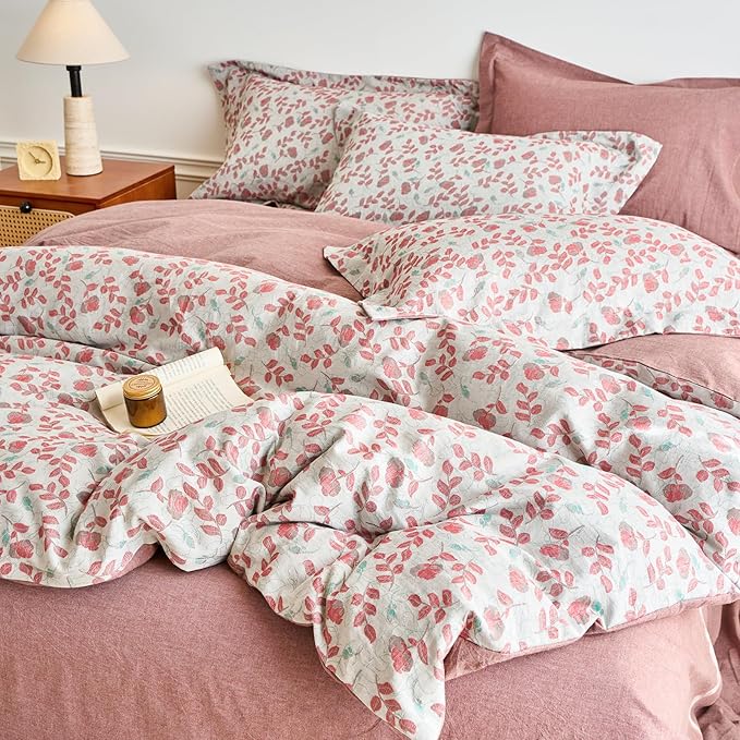 mixinni 100% Washed Cotton Duvet Cover Set, Reversible Vintage Floral Jacquard Textured Comforter Cover, Boho Farmhouse Bedding Set with Zipper Closure for All Season, Queen Size