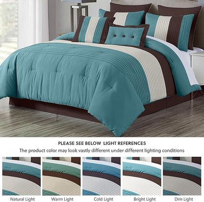 Chezmoi Collection Loft 8-Piece Luxury Striped Comforter Set (California King, Blue/Beige/Chocolate Brown)