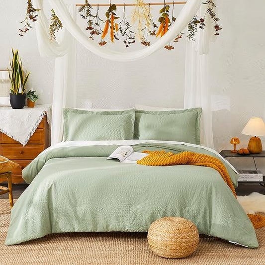 Geniospin Queen Comforter Set - 7 Pieces Botanical Textured Sage Green Bedding Sets, Shabby Chic Comforter Set, All Season Lightweight Bed in a Bag with Comforter, Sheets, Pillowcases & Shams