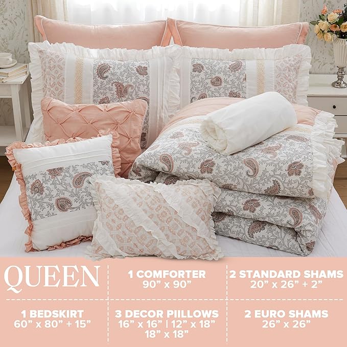 Madison Park Dawn 100% Cotton Shabby Chic Comforter Set-Modern Cottage Design All Season Down Alternative Bedding, Matching Shams, Bedskirt, Decorative Pillows, Queen(90"x90"), Blush 9 Piece