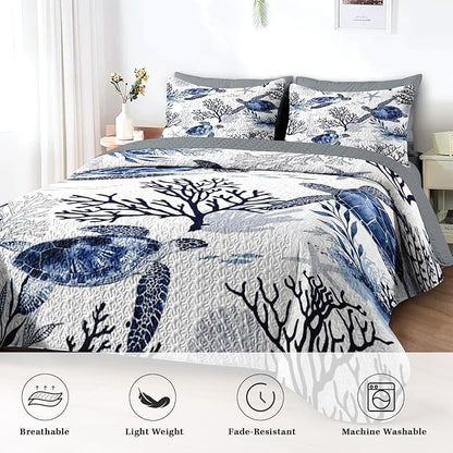 Quilt Set Full/Queen Size, Ocean Sea Coral 3 Pcs Soft Bed Cover Bedding Set for Kids and Adults, Blue Animal Turtle Lightweight Bedspread Coverlet with Pillow Sham for All Season