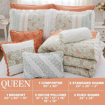 Madison Park Dawn 100% Cotton Shabby Chic Comforter Set-Modern Cottage Design All Season Down Alternative Bedding, Matching Shams, Bedskirt, Decorative Pillows, Queen(90"x90"), Coral 9 Piece