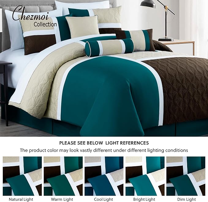 Chezmoi Collection Upland 7-Piece Quilted Patchwork Comforter Set, Teal/Beige/Brown, Oversized King