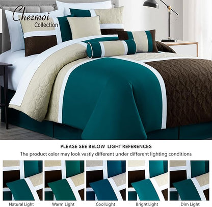 Chezmoi Collection Upland 7-Piece Quilted Patchwork Comforter Set, Teal/Beige/Brown, Oversized King