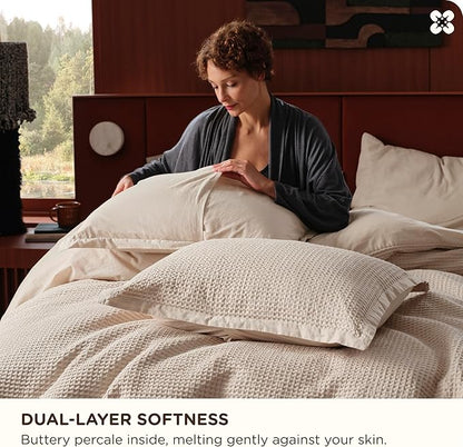 Bedsure Cotton Duvet Cover Set - 100% Cotton Waffle Weave Beige Duvet Cover Oversized King Size, GentleSoft™ and Breathable Bedding Set for All Season, 3 Pieces, 120"x98"