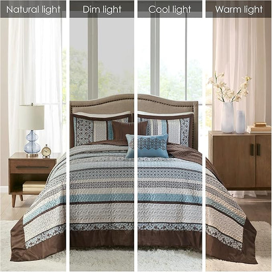 Madison Park Princeton Reversible Quilted Bedspread Set, Solid Reverse Summer Breathable, Lightweight All Season Bedding Layer, Matching Shams, Bedspread Queen(102"x118"), Blue 5 Piece