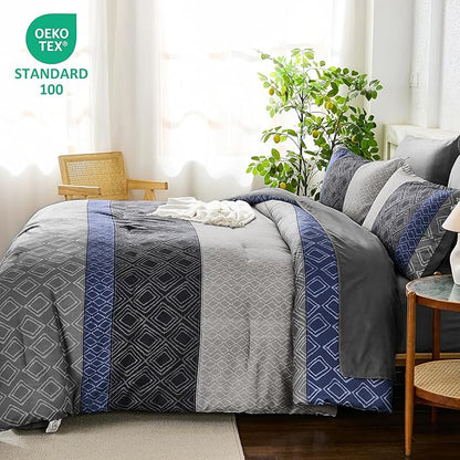 Dinjoy Blue Gray King Size Comforter Set,Striped Boho Bed in a Bag King 7 Pieces Soft Fall Bedding Comforters Microfiber Complete Sets for All Season