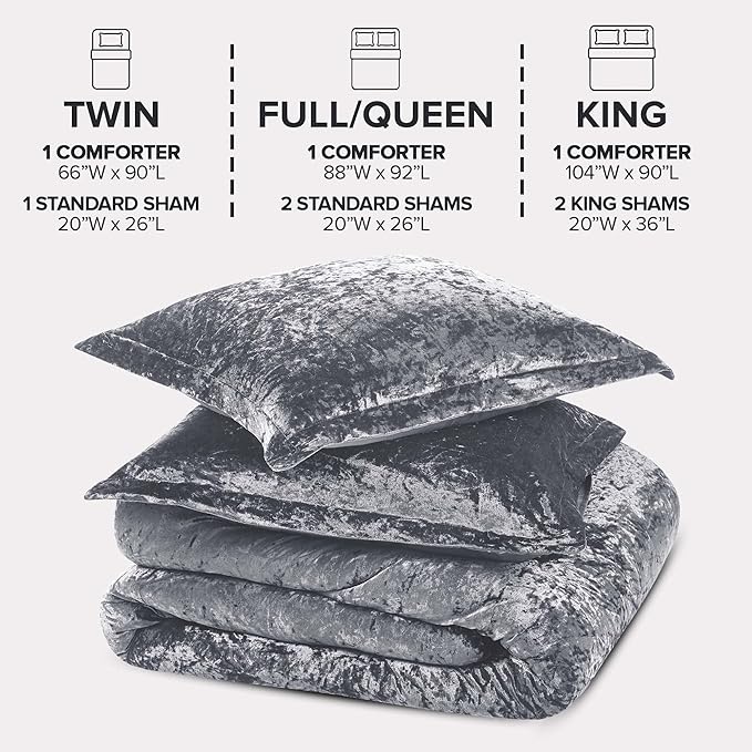 Comfort Spaces Juliette Luxe Comforter Set Velvet Lush with Soft Brushed Microfiber Reverse, All Season Cozy Velvet Bedding Sets, Fluffy Comforter Bed Set, Matching Sham, Grey Twin/Twin XL 2 Piece