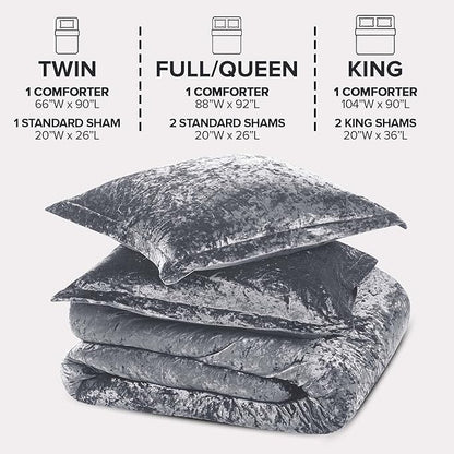 Comfort Spaces Juliette Luxe Comforter Set Velvet Lush with Soft Brushed Microfiber Reverse, All Season Cozy Velvet Bedding Sets, Fluffy Comforter Bed Set, Matching Sham, Grey King 3 Piece