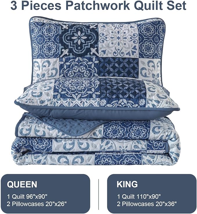 Dobuyly Boho Quilt Set Queen Size Navy Blue Plaid Patchwork Bedspread Coverlet Set, 3 Pieces Summer Quilt Bedding Set Soft Lightweight Navy Boho Farmhouse Bed Cover for All Seasons 96"x90"