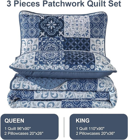 Dobuyly Boho Quilt Set Queen Size Navy Blue Plaid Patchwork Bedspread Coverlet Set, 3 Pieces Summer Quilt Bedding Set Soft Lightweight Navy Boho Farmhouse Bed Cover for All Seasons 96"x90"