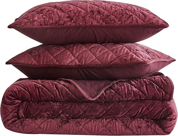 Chezmoi Collection Lux Burgundy Velvet Quilt King Set, 3-Piece Lush Plush Distressed Velvet Bedding All Season Lightweight Comforter Brushed Microfiber Reverse with Diamond Stitch Quilting