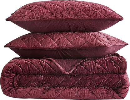 Chezmoi Collection Lux Burgundy Velvet Quilt King Set, 3-Piece Lush Plush Distressed Velvet Bedding All Season Lightweight Comforter Brushed Microfiber Reverse with Diamond Stitch Quilting