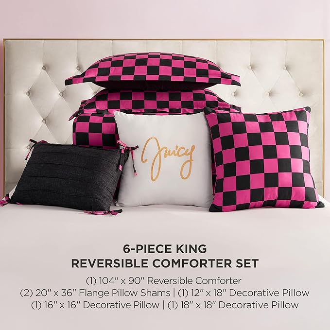 Juicy Couture Reversible Checkerboard Comforter Set 6-Piece King Set, Black/Hot Pink