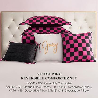 Juicy Couture Reversible Checkerboard Comforter Set 6-Piece King Set, Black/Hot Pink