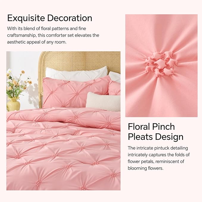 BEDELITE Pink King Size Comforter Set - 3 Pieces Boho Pintuck Bedding Comforter Sets, Lightweight Soft & Warm King Bedding Set with 2 Pillowcases for All Season