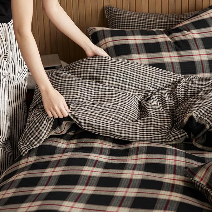 EAVD Vintage Black Gingham Comforter Set Full Soft 100% Muslin Cotton Red Green Grid Checkered Plaid Bedding Set with 2 Pillowcases Farmhouse Reversible Black Plaid Comforter Set for All-Season