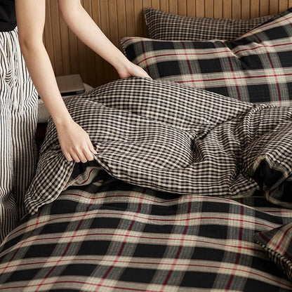 EAVD Vintage Black Gingham Comforter Set Full Soft 100% Muslin Cotton Red Green Grid Checkered Plaid Bedding Set with 2 Pillowcases Farmhouse Reversible Black Plaid Comforter Set for All-Season
