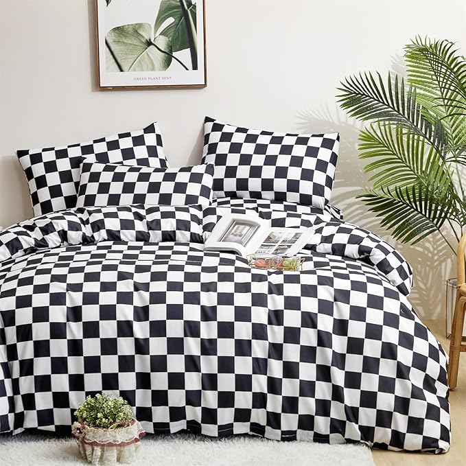 CLOTHKNOW Black White Plaid King Size Comforter Set Grid Bedding Comforter Sets Soft Checkered Comforter Black White Comforter with 2 x Pillow Cases