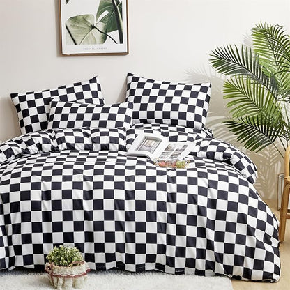 CLOTHKNOW Black White Plaid King Size Comforter Set Grid Bedding Comforter Sets Soft Checkered Comforter Black White Comforter with 2 x Pillow Cases